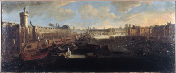 La Grande Galerie del Louvre, con la Porte Neuve, el Pont-Neuf, la Cité, el Collège des Quatres-Nations en construcción y el Quai Malaquais, hacia 1665, en el Sena la galera real, actuales distritos 1 y 6, entre 1660 y