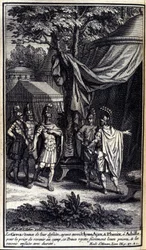 Los griegos, asombrados por su derrota, envían a Ulises, Áyax y Fénix a Aquiles para rogarle que regrese al campamento. Este príncipe rechaza orgullosamente sus súplicas y luego los envía de vuelta. Ilustración del libro IX de la Ilíada de Homero, edición 