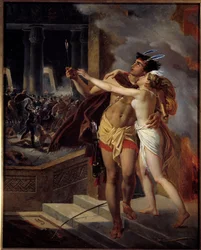 Los Incas o la destrucción del Imperio Inca del Perú destruido en el siglo XVI por los conquistadores españoles. Ilustración después de la novela "Los Incas" del filósofo Jean Francois Marmontel. Pintura de la escuela anónima. Siglo XVIII. La Rochelle