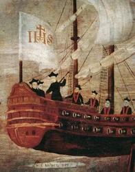 Los jesuitas llegan en barco a la costa de Nueva Granada
