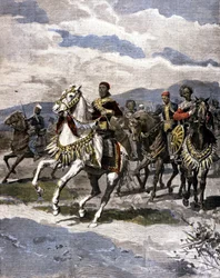 El Rey de Etiopía Menelik II (1844 - 1913). Ilustración de la prensa italiana.