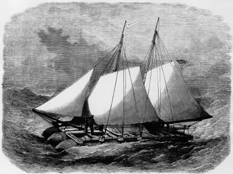 El "Nonpareil": bote salvavidas americano, construido de goma, y que cruzó el Atlántico, es un modelo que se exhibió en el campo de Marte - en "gran Álbum de la exposición universal", París