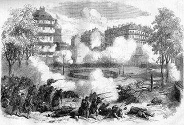 La Comuna de París en 1871. Ataque a las barricadas de los federados (comuneros) frente al Panteón por el cuerpo del ejército del General de Cissey el 24 de mayo de 1871, al comienzo de la semana sangrienta (22 - 28 de mayo de 1871).