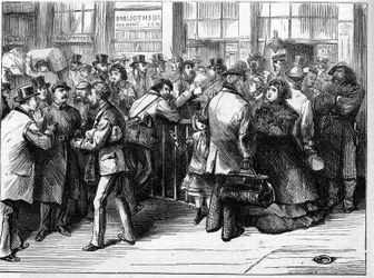 La Comuna de París en 1871. Verificación de pasaportes por los federados (comuneros) de personas que salen de París por los ferrocarriles del norte.