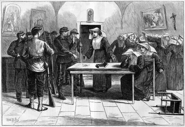 La Comuna de París en 1871. Registro por los federados (comuneros) de una casa ocupada por monjas (Pequeñas Hermanas de los Pobres), ubicada en la Rue de Sevres. Los federados, después de descubrir el dinero de la comunidad de monjas, lo devolvieron a la c