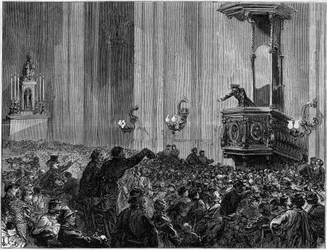 La Comuna de París en 1871. Club de la Iglesia de San Eustaquio. Las iglesias fueron solicitadas por los federados por la noche para realizar reuniones y debates. Estos clubes tenían un triple propósito de educación, información y expresión.
