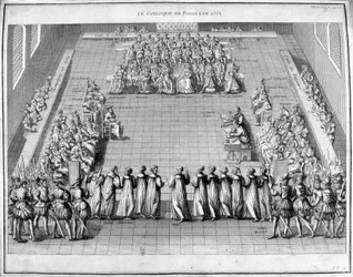 El Coloquio de Poissy en 1561. En el centro el Rey de Francia Carlos IX (1550-1574) y la Reina Madre Catalina de Médicis (1519-1589)