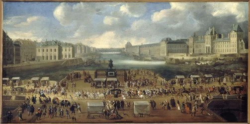 El Pont-Neuf, visto desde la entrada de la Place Dauphine, el Quai Malaquais con el Collège des Quatre-Nations, la Grande Galerie y el Louvre, hacia 1669. Una procesión pasa por el puente. Los actuales distritos 1 y 6, entre 1665 y 1669