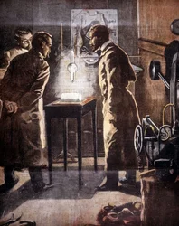 El Roentgen (Röntgen) o rayos X. Descubierto en 1895. Ilustración que representa el experimento.