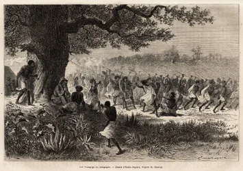 Los Vouagogo (tribu de Tanzania) en preparación para la guerra, bajo el árbol, el autor de la historia Henry Morton Stanley (1841-1904). Grabado para ilustrar el viaje en busca de Livingstone, en África central, por Henry Stanley, corresponsal del 