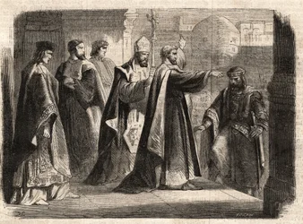 El arzobispo San Ambrosio de Milán (Aurelius Ambrosius, Ambrogio di Milano (340-397) prohibió la entrada a la iglesia al emperador romano Teodosio I (Flavius Theodosius) (347-395) para castigarlo por la masacre de Tesalónica en 390 - Excomunión