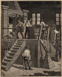 El arte del vidrio: trabajadores del vidrio fabricando vidrio según el método francés. Grabado de 1885 en "Les arts et metiers illustres" por Adolphe BITARD