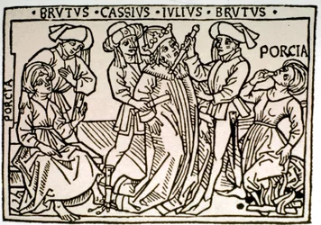 El asesinato de Julio César (100-44 a. C.): es apuñalado por Bruto y Casio mientras Porcia, esposa de Bruto, desaparece. Xilografía del siglo XVI, Roma, Biblioteca Vallicelliana © Luisa Ricciarini/Leemage