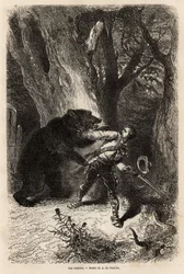 El autor, durante una excursión alrededor de Jacksonville, es sorprendido en el bosque por un oso doméstico y encadenado. Grabado para ilustrar la historia cuatro meses en Florida, por Achille Pousselgue en 1851-1852, publicado en “Le tour du monde” 1870-1