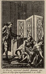 El barón sorprende a Cándido dando una lección de física experimental a su hija. Frontispicio para "Cándido" de François Marie Arouet, conocido como Voltaire.