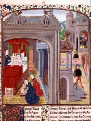 El nacimiento de Alejandro Magno (356-323 a.C.), hijo de Olimpia y Nectanebo II. Miniatura de 