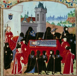 El cuerpo del difunto rey Carlos VI (1368-1422) es llevado, detrás del cortejo el nuevo rey Carlos VII (1403-1461) el 22/10/1422. Miniatura del manuscrito “Crónicas de Carlos VII” (Ms. fr. 2691) de Jean Chartier