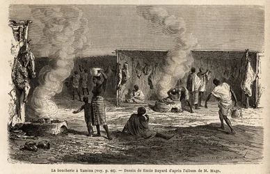 Los carniceros en el Mercado de Yamina (Níger), con estacas equipadas con ganchos para colgar carne, así como hornos en los que se puede cocinar la carne directamente, que se sacrifica según los ritos musulmanes. Grabado para ilustrar el viaje al Sudán Occ