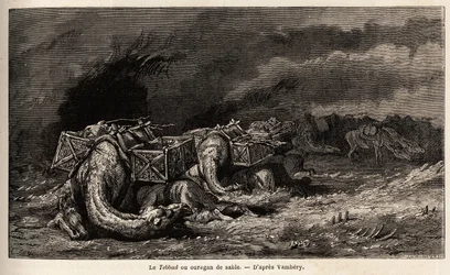 La caravana de camellos atrapada en un huracán de arena llamado tebbad. Dibujo de Emile Bayard (1837-1891), para ilustrar el viaje a Asia Central, en 1863, por Arminius Vambery (científico húngaro disfrazado de derviche). Grabado en "Le tour du monde", edi