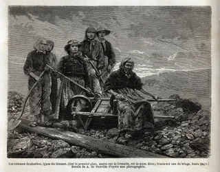 Los clasificadores de carbón, tipo de Creusot; en primer plano, sentada en la carretilla, la mayor de los clasificadores, la madre Dion, 36 años de clasificación. Grabado para ilustrar un viaje a Creusot y las minas de Saona y Loira, en 1865, por L. Simoni