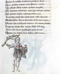 La constelación representada es la de Boyero (o Bootes), que sostiene el cabello de Berenice con la mano izquierda. Página de un manuscrito del siglo XVIII basado en el manuscrito original “Astronomica” de Biasino da Parma (Blaise de Parma) (1425-1457)