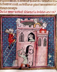 La construcción de la Torre de Babel (detalle) de una página iluminada del manuscrito “Bible Historiale” por Guiart Des Moulins siglo XIV biblioteca municipal de Troyes