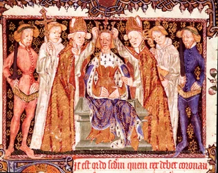 La coronación de un rey, probablemente el rey Ricardo II de Inglaterra (1367-1400). Miniatura del manuscrito sobre los ritos de coronación «Liber regalis», siglo XIV. Pamplona, Archivo de Navarra