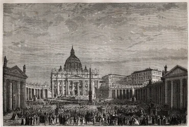 La multitud se apresuró a la Plaza de San Pedro en el Vaticano para recibir la gran bendición de Pascua por el Papa Pío IX (1792-1878). Grabado para ilustrar la historia de la Semana Santa en Roma, en 1863, por Ludovic Celler, en “Le tour du monde, nouveau