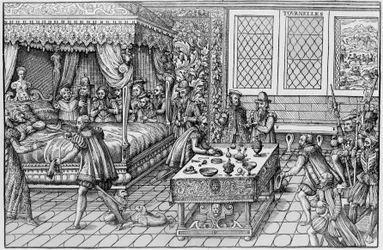 La muerte de Enrique II (1519-1559), Rey de Francia, en el Palais des Tournelles en París, el 30 de junio