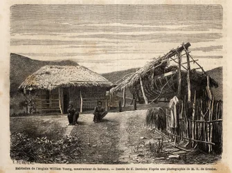 La vivienda y el astillero de un constructor inglés cerca de Noumea, que utiliza mano de obra indígena o los condena hasta el final de su tiempo de trabajo duro. Grabado para ilustrar el viaje a Nueva Caledonia, por Jules Garnier, ingeniero civil de minas,