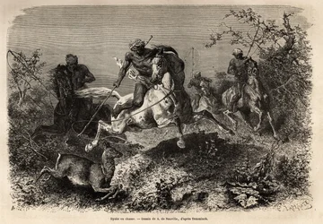 Los dayaks (indígenas de Borneo) cazando, montando y con armas de lazo. Grabado para ilustrar el viaje en el archipiélago malayo, por Alfred Russell Wallace, en 1854-1862, publicado en “Le tour du monde” 1870-1871, editado por Edouard Charton, Hachette