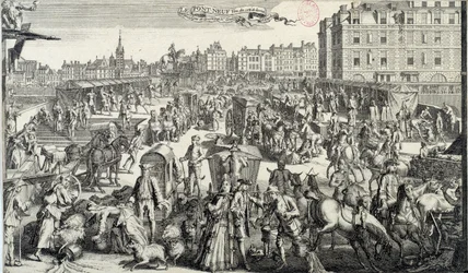 El embotellamiento del Pont Neuf en París. Ilustración del tráfico y los atascos en las calles de París en el siglo XVIII. Grabado de 1710