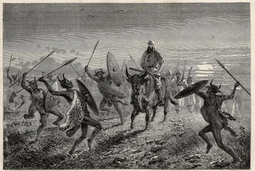 La escolta asignada al viajero Baker, realiza una fantasía antes de partir hacia el lago Alberto (o Albert Nyanza). Grabado para ilustrar el viaje al lago Alberto, en 1861-1864, de Sir Samuel White Baker, en “Le tour du monde, nouveau journal des voyages”