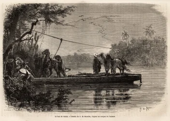 El ferry para cruzar el río Cauca. Grabado para ilustrar el viaje a Nueva Granada, por Dr. Saffray, en 1869, publicado en 
