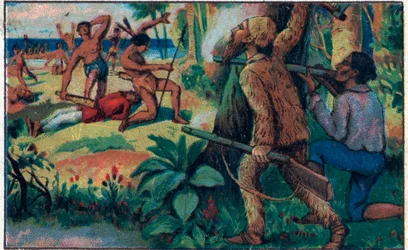 La lucha con los salvajes. Ilustración para el libro de Daniel Defoe “Robinson Crusoe”. Cromolitografía de finales del siglo XIX.