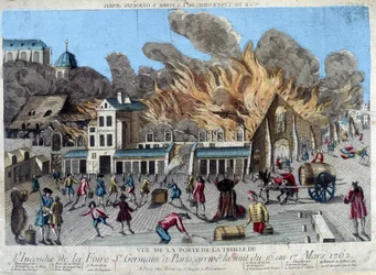 El incendio de la feria de Saint Germain en París, en la noche del 16 al 17 de marzo de 1762, visto desde la puerta de la Treille. Grabado del siglo XVIII