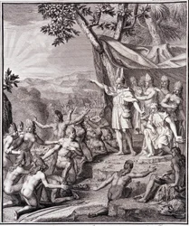 El primer Inca Manco Capac y la Reina Coya Mama Oello Huaco su esposa, ambos hijos del Sol, reúnen a los salvajes - en “Viaje Histórico de América del Sur hecho por orden del Rey de España” por Don Georges Juan y Don Antoine de Ulloa, T.II, ed. Jombert