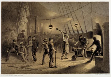 La fragua en cubierta. Noche del 9 de agosto preparando el revestimiento de hierro para el cabrestante - en "El telégrafo atlántico" de W. H. Russel, ca. 1860