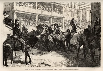 La carrera de caballos libre, organizada cuatro veces durante el carnaval, comienza en la Plaza del Pueblo, luego se lanza al triple galope en el Corso hasta la Plaza de Venecia, donde se presentan los premios. Grabado para ilustrar el viaje a Roma, por Fr