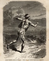 El corredor imperial, llevando los despachos del Mikado. Grabado para ilustrar el viaje a Japón, en 1863-1864, por Aime Humbert, ministro de la Confederación Suiza, en “Le tour du monde, nouveau journal des voyages” publicado bajo la dirección de Edouard C