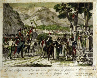 Los habitantes de Sondrio de la Valtellina plantan el árbol de la Libertad, símbolo de la victoria sobre el Antiguo Régimen. 14/06/1797. Grabado