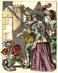 El rey, la princesa y el Marqués de Carabás llegan al castillo del ogro precedidos por el Gato con botas. Ilustración del cuento "El gato con botas" de Charles Perrault