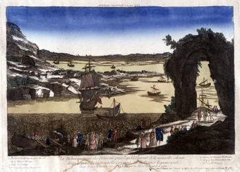 El desembarco de los franceses para el establecimiento de la nueva colonia en el puerto de Nouvelle Cayenne (o Francia Equinoccial)