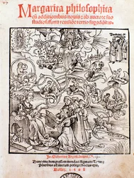 Las artes liberales: trivium (gramática, lógica y retórica) y quadrivium (aritmética, geometría, música y astronomía) (grabado)
