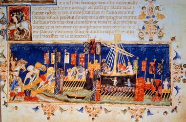 La carga de los barcos para la Cruzada. Miniatura de “Estatutos de la Orden del Espíritu Santo al Deseo Correcto” (Orden del Nodo) 1352, París, B.N.