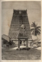 El gopuram principal del templo de Rama en Combaronum, compuesto por 11 pisos, y coronado por 11 bolas, las diversas caras de esta torre piramidal están completamente cubiertas con estatuas. Grabado para ilustrar el viaje a las provincias meridionales de I