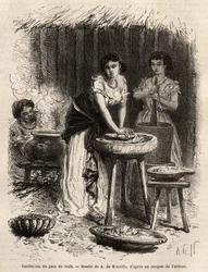 La fabricación de pan de maíz, la base de la alimentación, por mujeres del Gran Valle del Cauca (Colombia). Grabado para ilustrar el viaje a Nueva Granada, por el Dr. Saffray, en 1869, publicado en "Le tour du monde" 1873, editado por Edouard Charton, edic