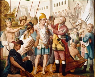 El encuentro entre Hernán Cortés y el rey azteca Moctezuma en noviembre de 1519