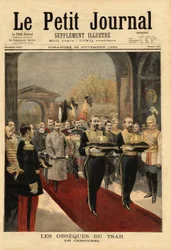 Las exequias del Zar Alejandro III (1815-1894), en la Catedral de San Pedro y San Pablo, necrópolis de los Romanov, en el centro de la fortaleza de San Petersburgo. Grabado en “Le petit journal” 25/11/1894. Colección Selva.
