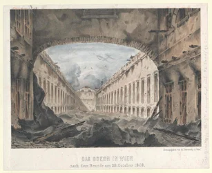 El odeón de Viena tras el incendio del 28. Octubre de 1848 (litografía coloreada)